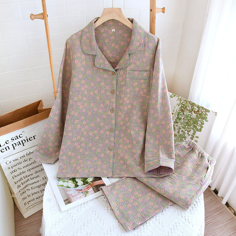 Pure Cotton Jacquard Leaf Pajama Set - Bean Green - XL - image 7