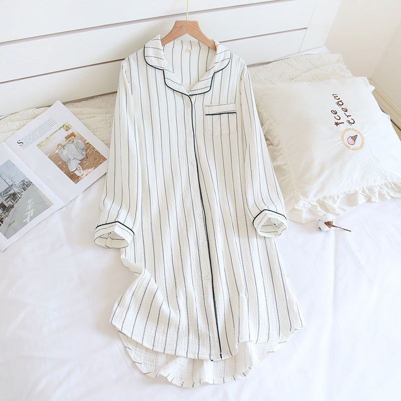 Solid Color Striped Lapel Nightdress - White - L - image 8