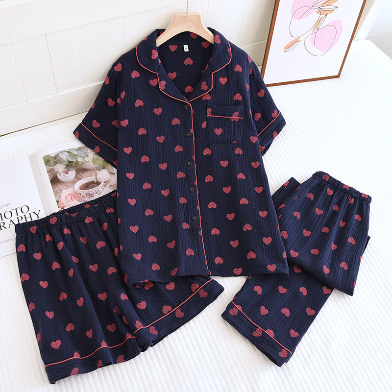 Heart Print Pure Cotton Pajama Set(3PCS) - Navy Blue - XL - image 8