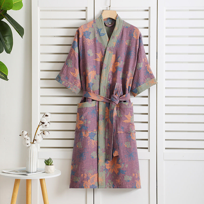Floral Cotton Gauze Short Sleeve V-neck Robe - Purple - XL - image 1