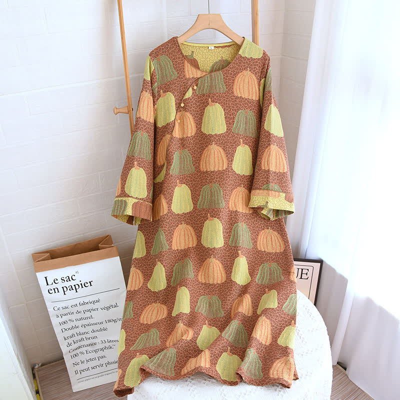 Pure Cotton Pastoral Pumpkin Pajama Set - Nightgown - Brown & Green - XL - image 14