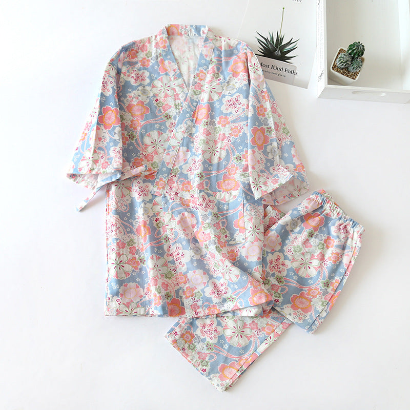 Floral Cotton Gauze Kimono Loungewear Set - Light Blue & Pink - XL - image 8