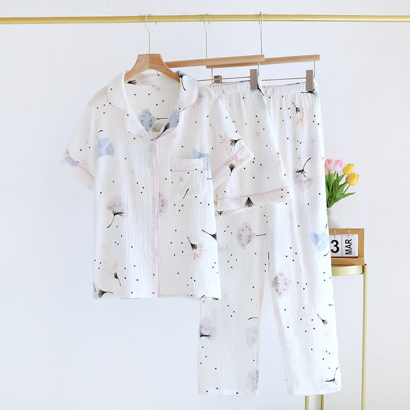 Ginkgo Leaf Cotton Gauze Pajama Set(3PCS) - Cheese White - XL - image 7