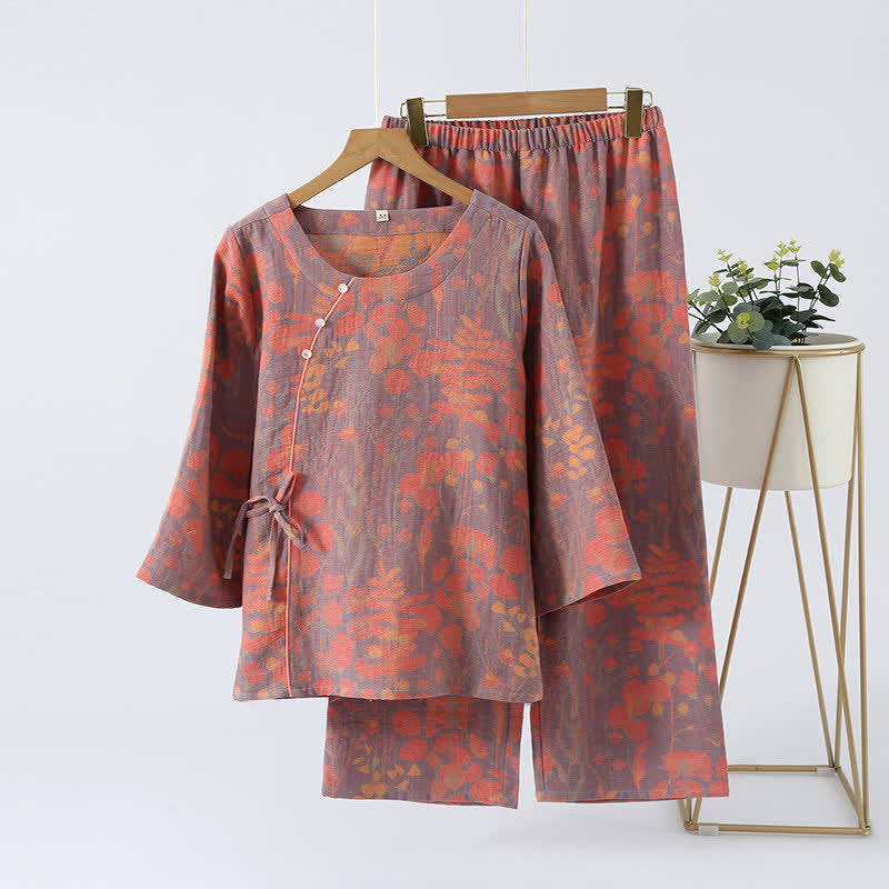 Cotton Gauze Vintage Retro Loungewear Set - Dark Purple - XL - image 6