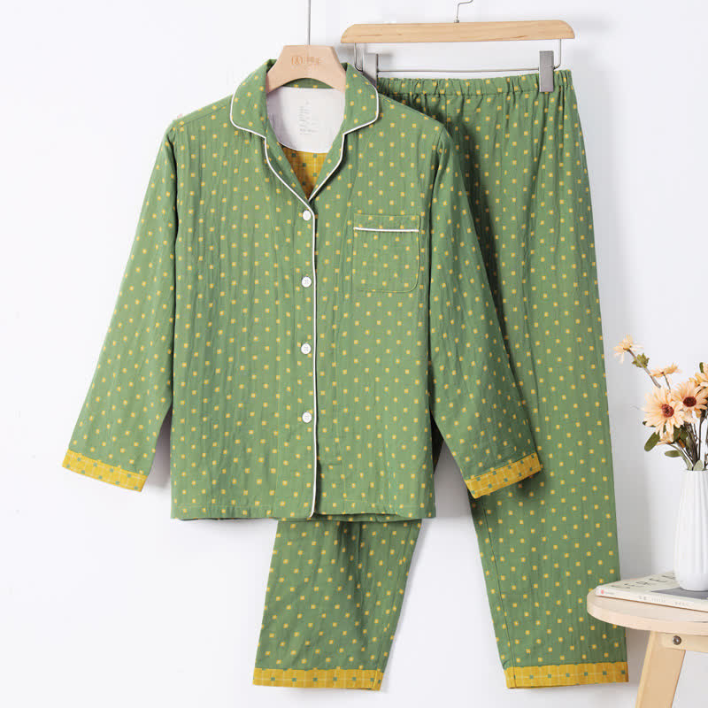 Checkered Jacquard Cotton Loungewear Set - Green - L - image 6
