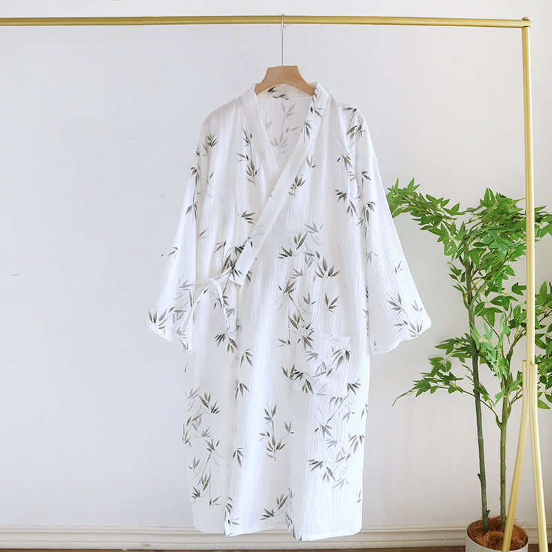 Pure Cotton Bamboo Print Comfy Bathrobe - White - L - image 7
