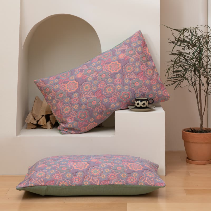 Flower Jacquard Cotton Gauze Reversible Quilt - Purple & Pink - 2PCS Pillowcases - 19" × 29" - image 8
