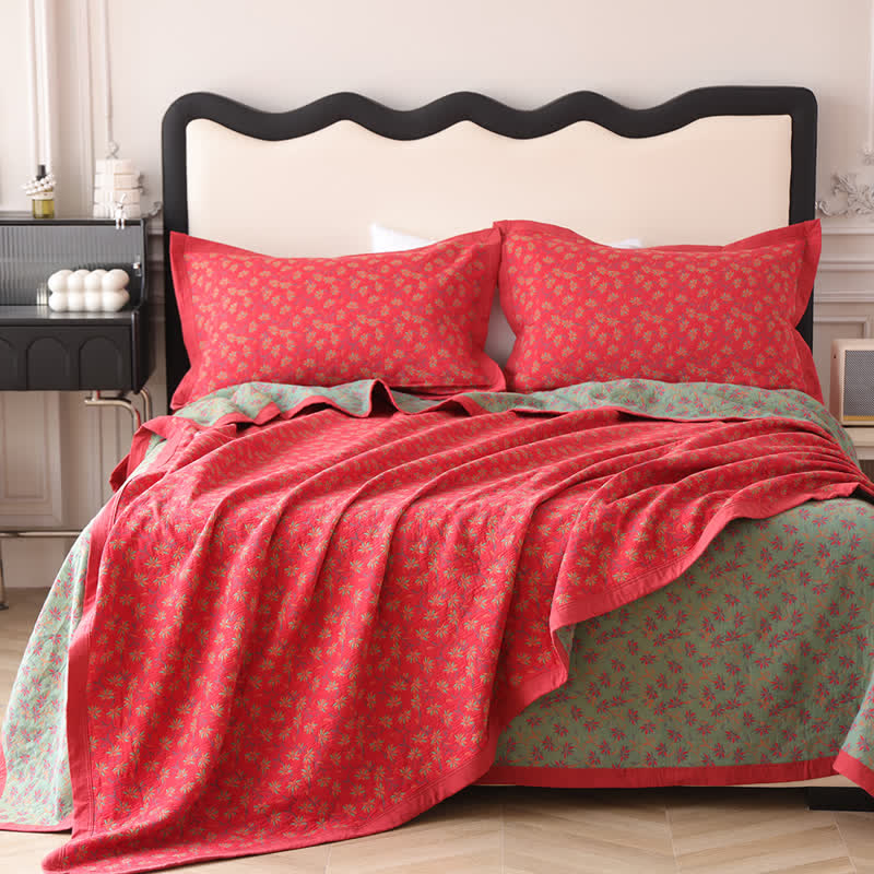 Organic Pure Cotton Reversible Floral Quilt - Red - 2pcs Pillowcases - 19" x 31" - image 6