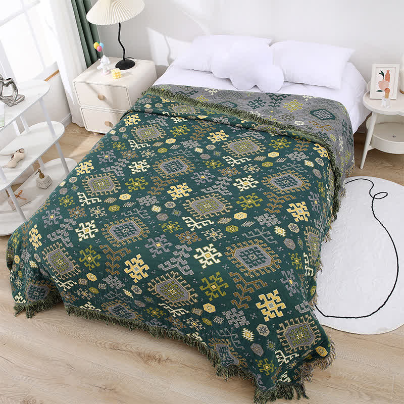 Retro Geometric Cotton Gauze Tassel Quilt - Dark Green - Queen - image 1