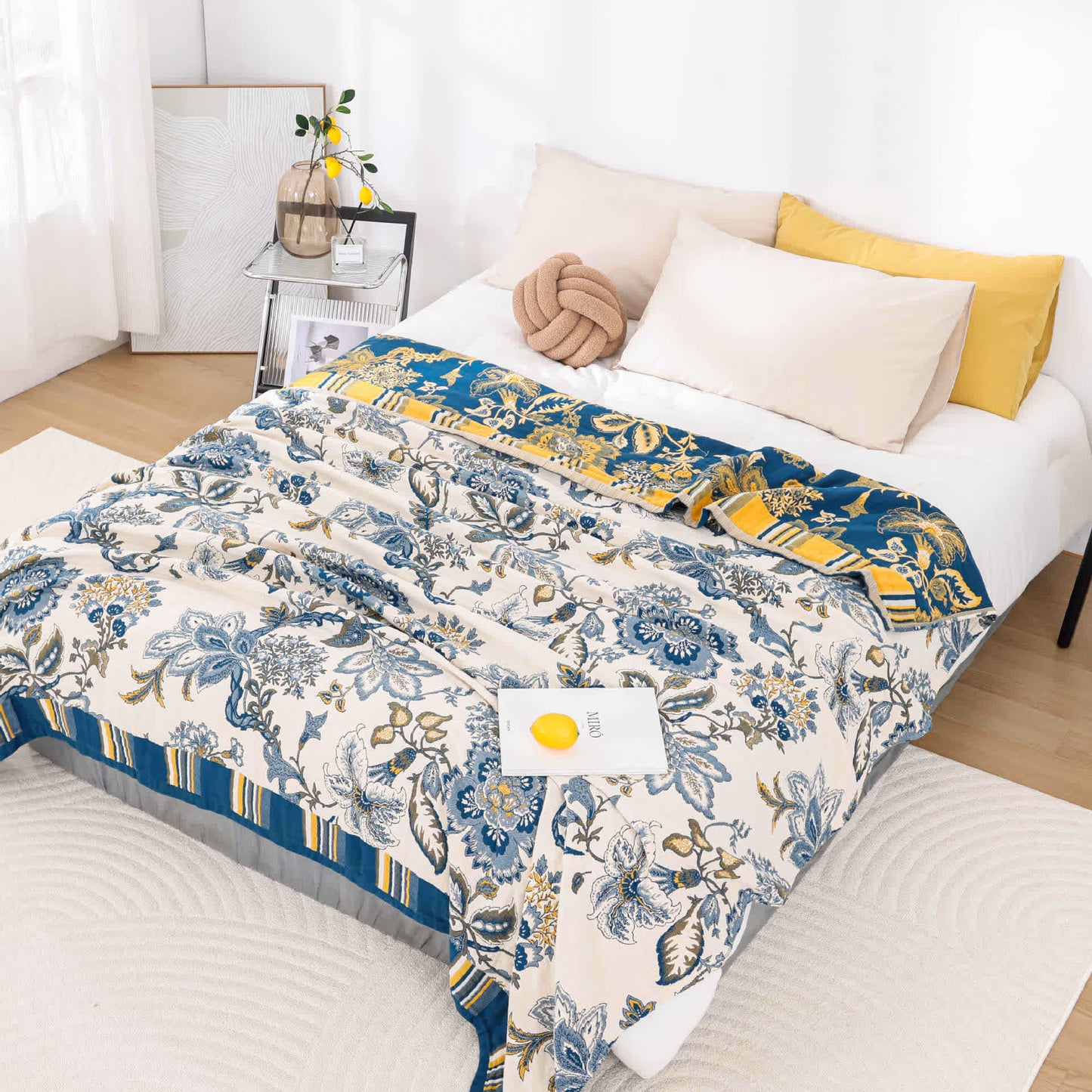 Luxurious Rural Style Cotton Summer Quilt - Dark Blue & Yellow - Queen - image 6