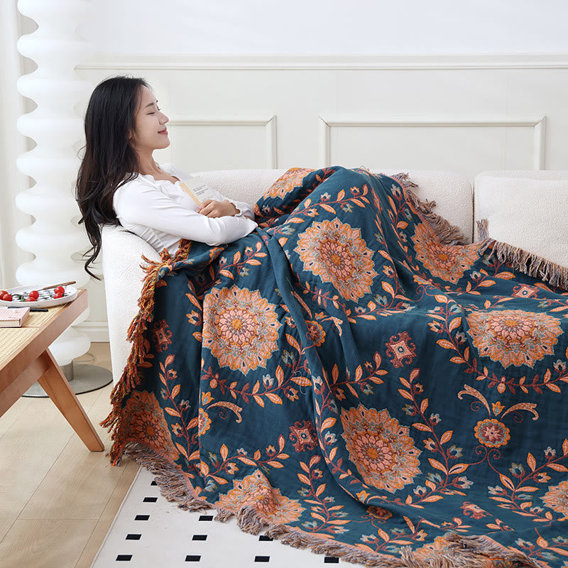 Cotton Gauze Floral Reversible Tassel Quilt - image 10