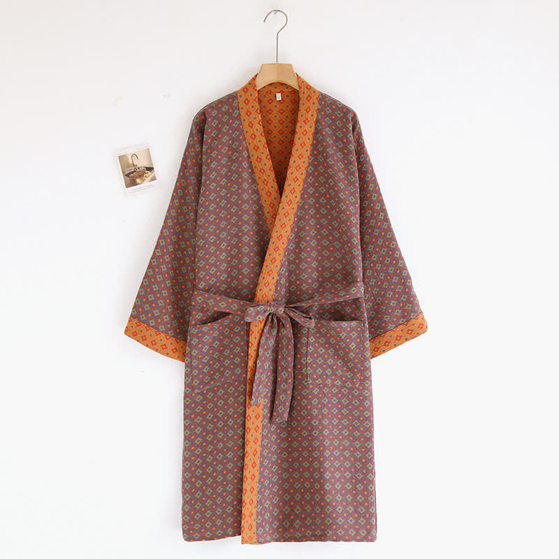 Cotton Gauze Diamond Print Kimono Bathrobe - L - image 0
