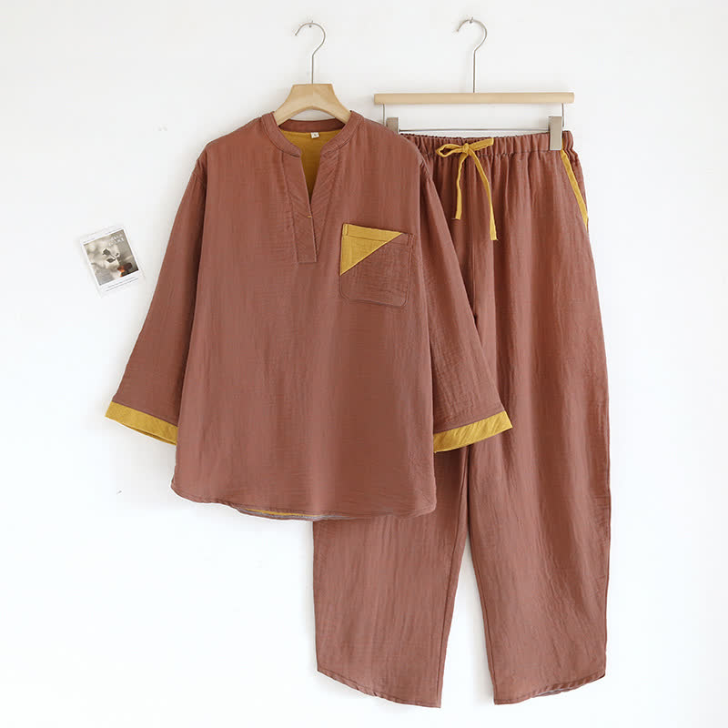 Colorblock Double Layer Cotton Gauze Pajama Set - Brown - XL - image 19