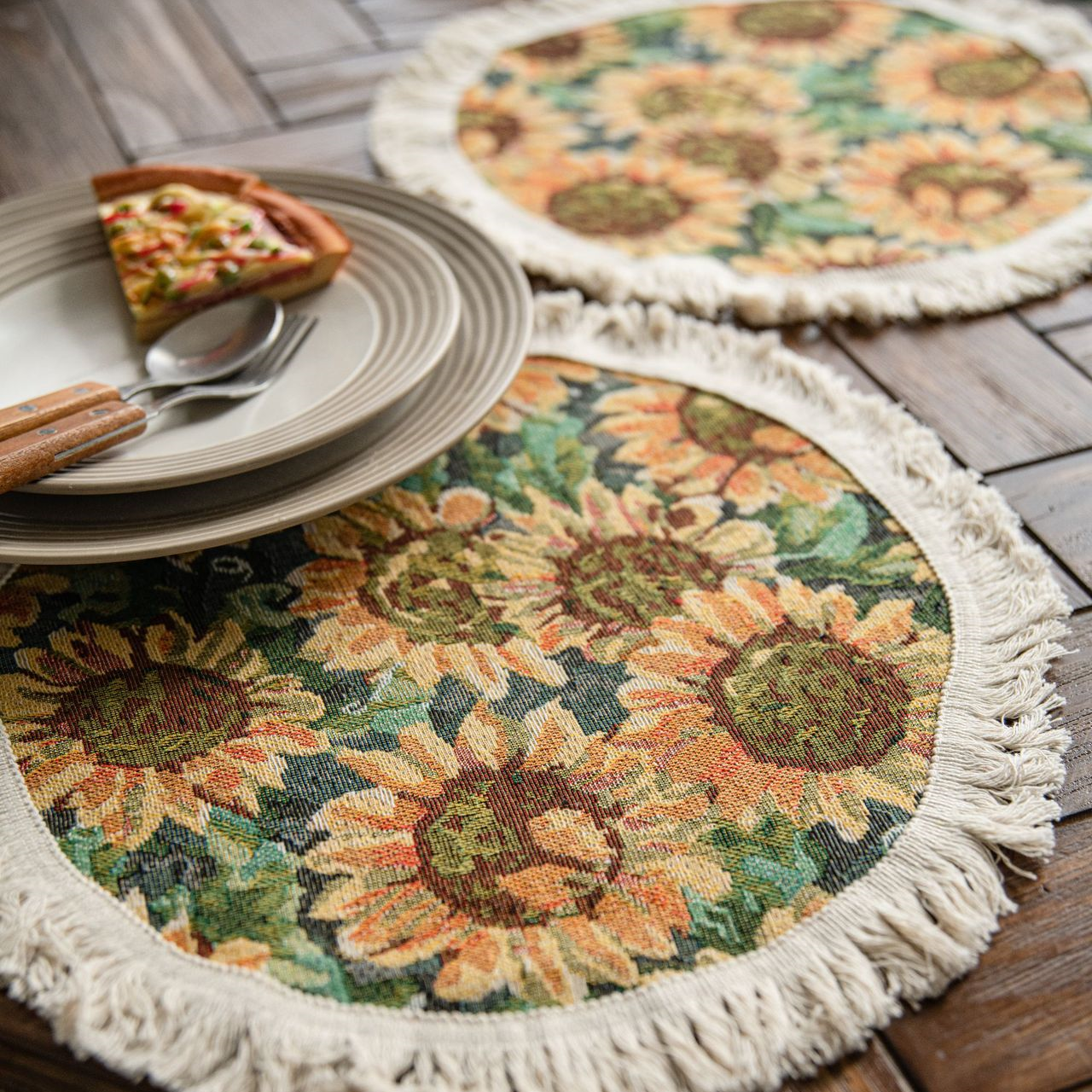 Rural Sunflower Tassel Cotton Linen Placemat - 2PCS - 14.96"W x 14.96"L x 0.39"H - image 6