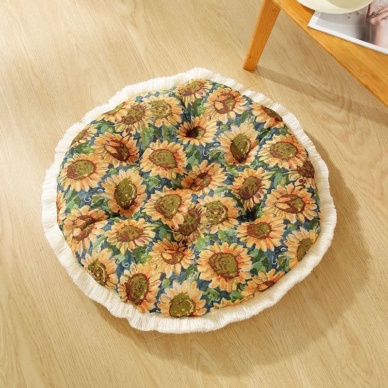 Rural Sunflower Tassel Decorative Floor Cushion - Round - 21.65"W x 21.65"L x 1.97"H - image 1