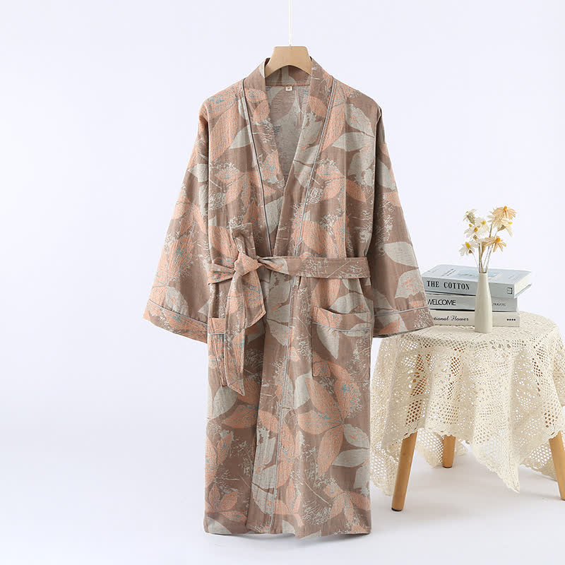 Jacquard Leaf Cotton Kimono Spa Bathrobe - Khaki - XL - image 1