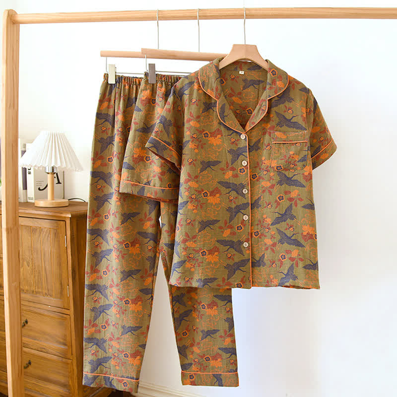 Jacquard Floral Bird Cotton Pajama Set(3PCS) - Green & Orange - 2XL - image 0