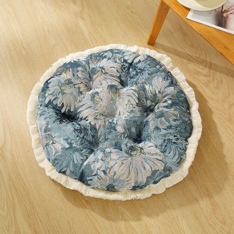 Tassel Oil-painting Decorative Soft Chair Cushion - Round - Blue - 21.65"W x 21.65"L x 1.97"H - image 1