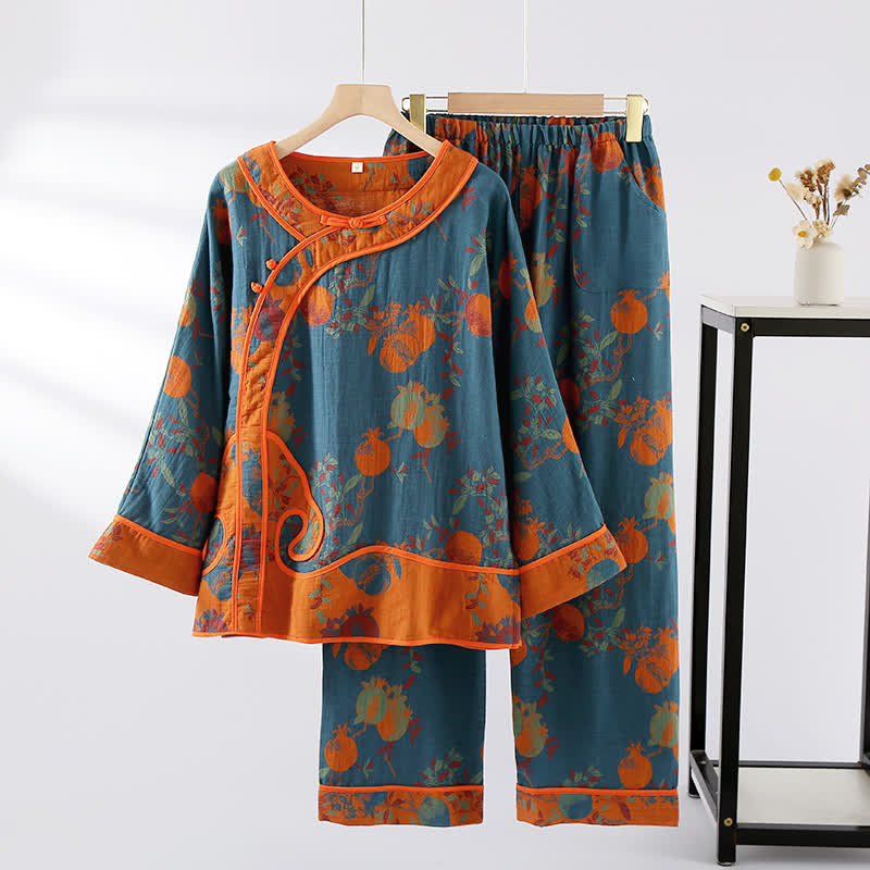Jacquard Pomegranate Cotton Gauze Nightwear Set - Dark Blue & Orange - XL - image 9