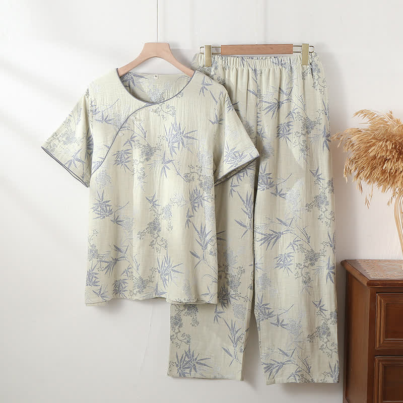 Round Neckline Bamboo Cotton Gauze Pajama Set - Light Green - XL - image 5