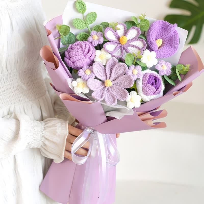 Handmade Knitted Crochet Cosmos Bipinnatus Bouquet - Purple - 14.57"W x 9.84"L x 17.72"H - image 4