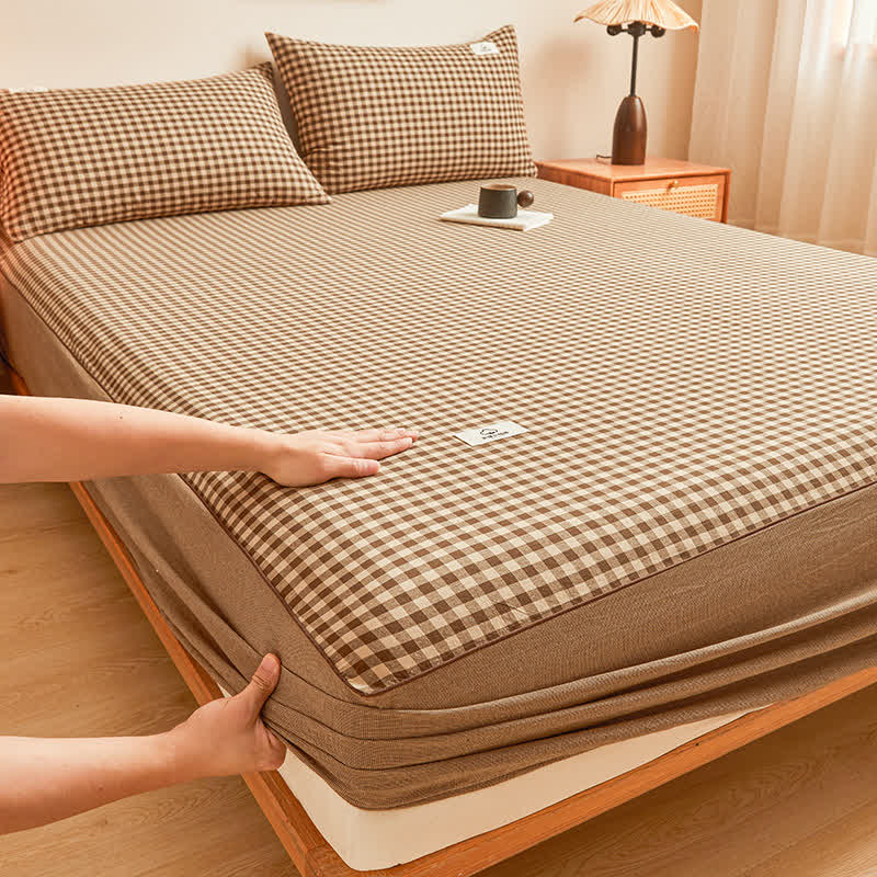 Pure Cotton Simple Plaid Soft Fitted Sheet - Coffee - Fitted Sheet with 2pcs Pillowcases - King - image 5