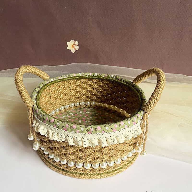 Hand-Woven Rustic Floral Lace Pearl Storage Basket - image 4