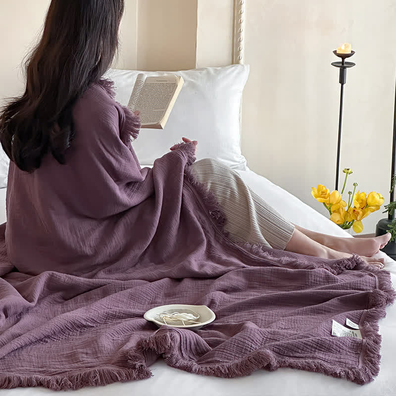 Simple Solid Color Tassel Cotton Gauze Blanket - image 22