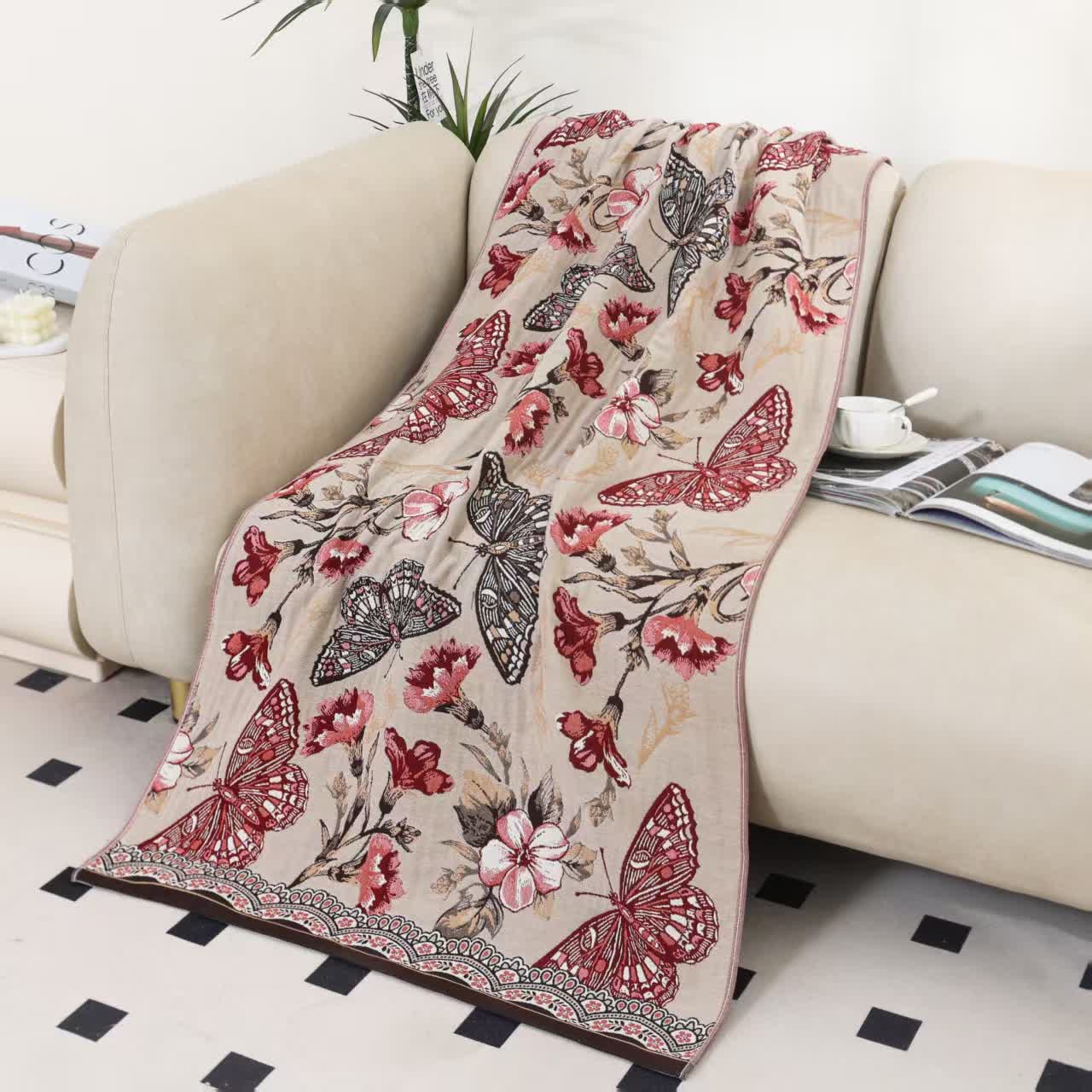 Floral Butterfly Cotton Gauze Breathable Bath Towel - Beige & Red Bean Paste - 31" x 63" - image 0