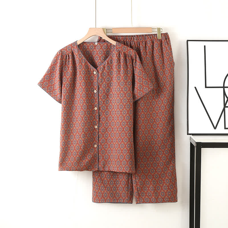 V-neck Vintage Jacquard Cotton Gauze Pajama Set - Brick Red - XL - image 10