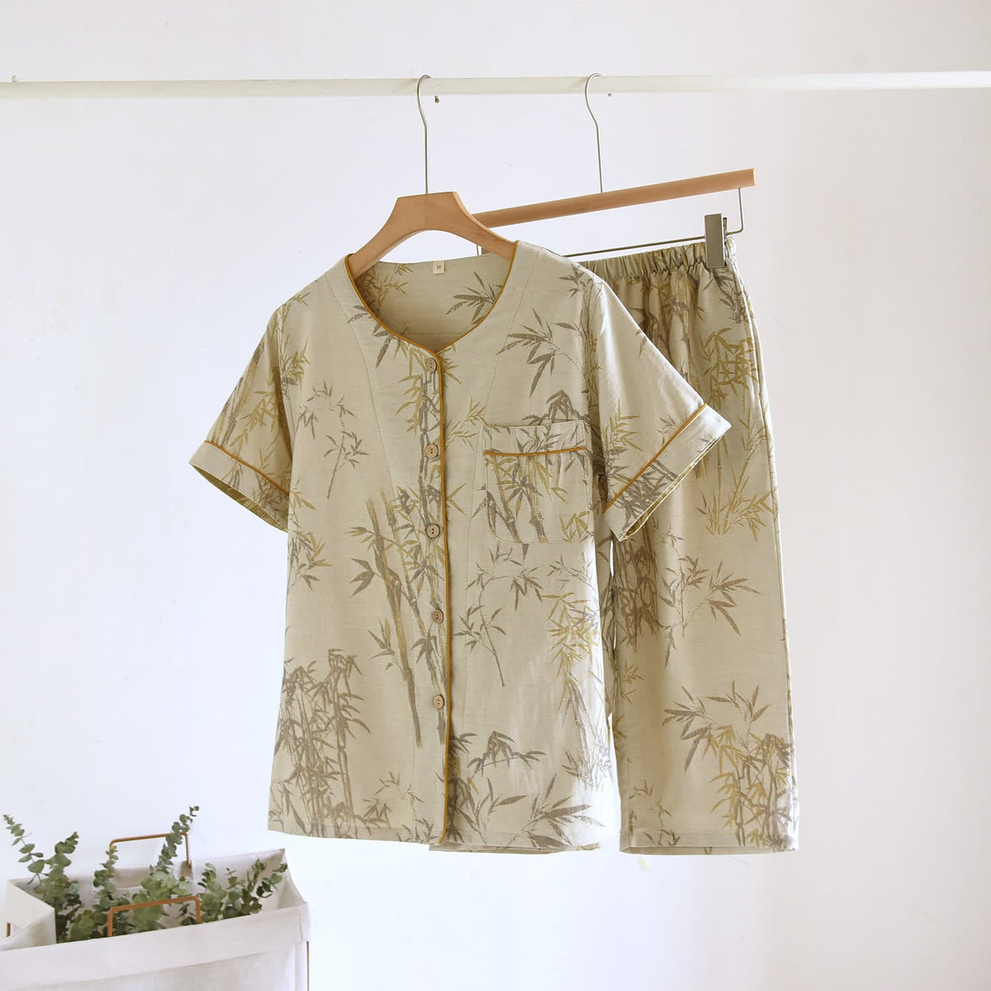 Rural Bamboo Cardigan Pure Cotton Pajama Set - Khaki - XL - image 11