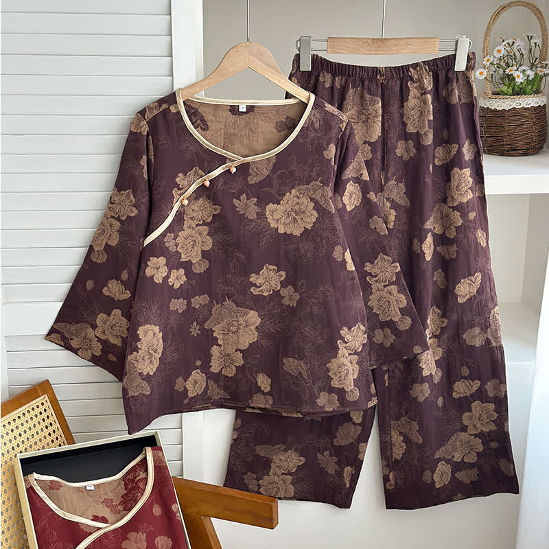 Vintage Floral Cotton Gauze Jacquard Nightwear Set - Purple - XL - image 6