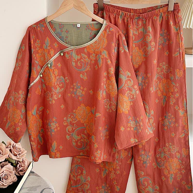 Retro Jacquard Cotton Gauze Casual Pajama Set - image 1