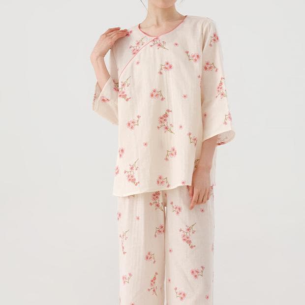 Elegant Plum Blossom Cotton Gauze Nightwear Set - image 5