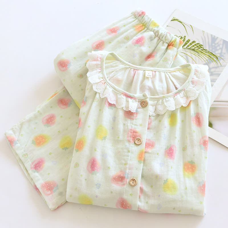 Cotton Gauze Sweet Strawberry Pajama Set - image 3