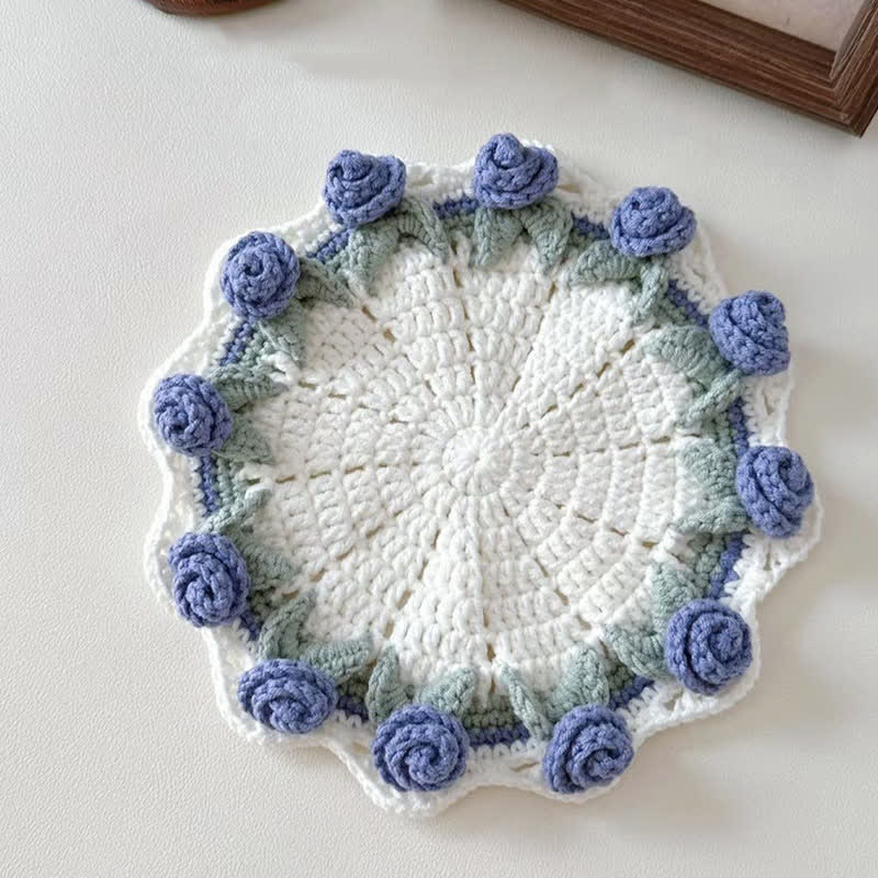 Handmade Rose Bouquet Crochet Coaster - Dark Blue - 5PCS - 4" x 4" - image 10