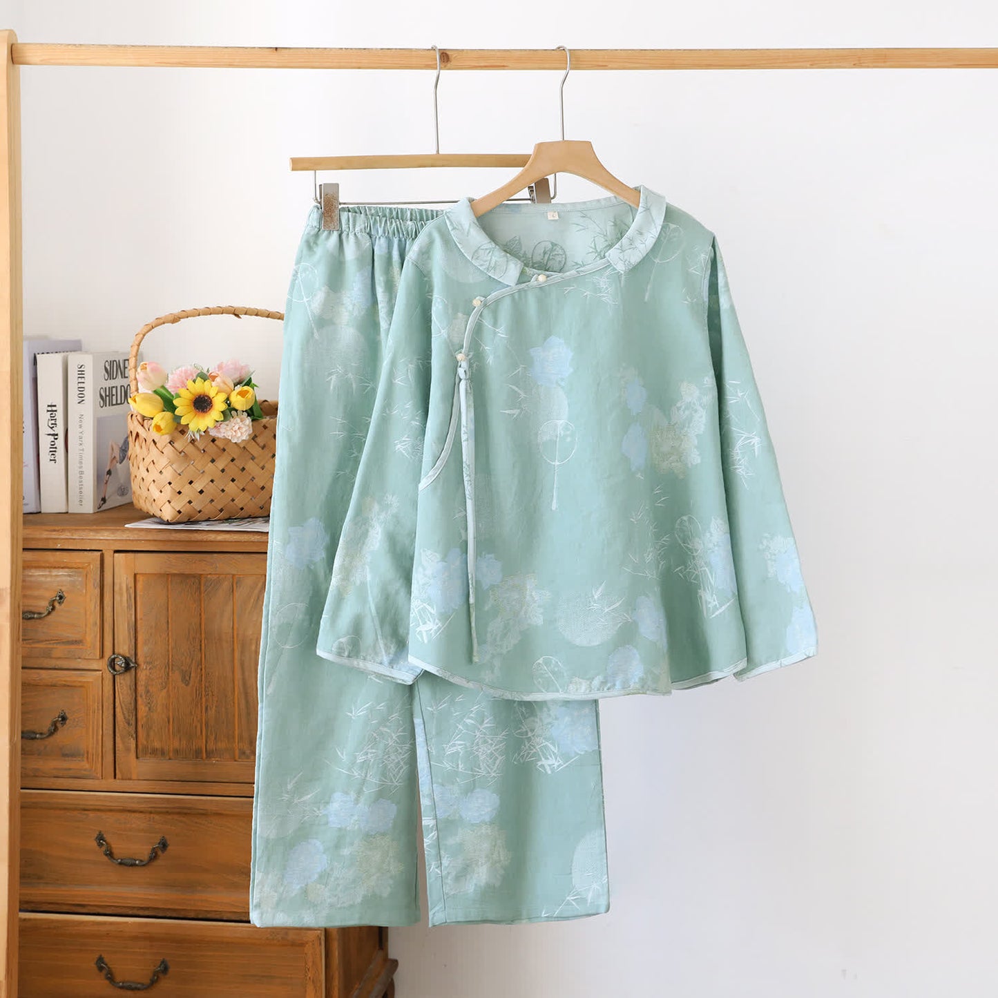 Vintage Floral Bamboo Cotton Pajama Set - Green - XXL - image 13