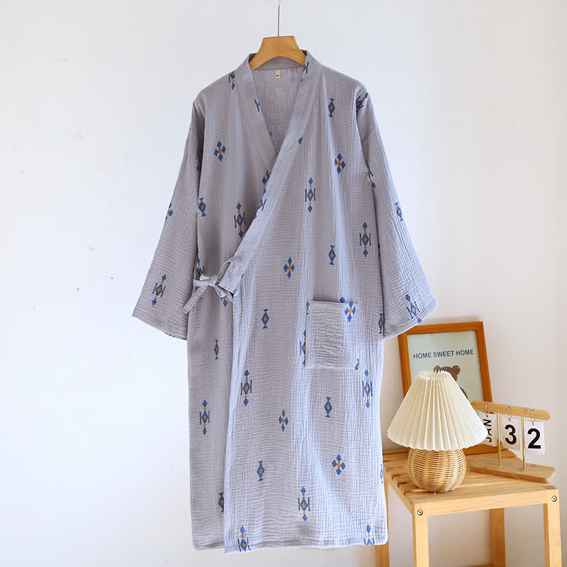 Geometric Pattern Cotton Gauze Bathrobe Pajama - L - Blue - image 1