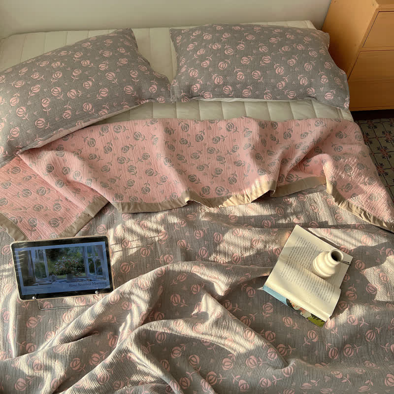 Rose Print Cotton Gauze Reversible Coverlet - image 4