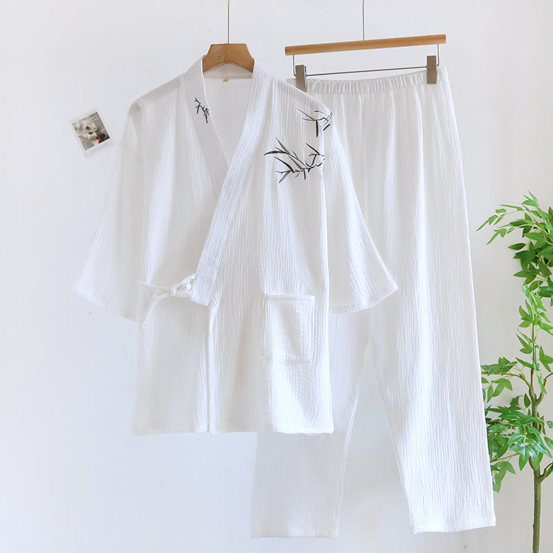Unisex Bamboo Jacquard Kimono Pajama Set - White - XL - image 5