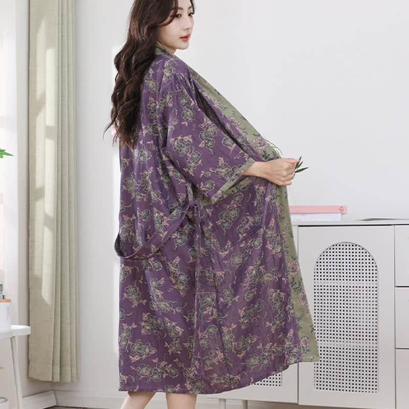 Double-layer Cotton Gauze Purple Floral Print Bathrobe - image 3