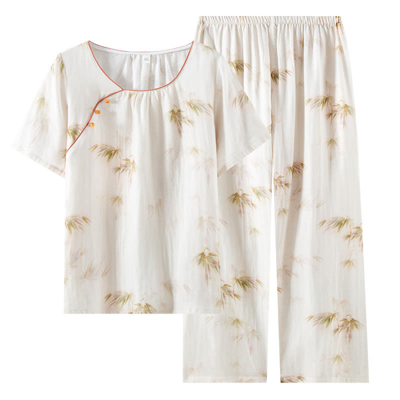 Vintage Bamboo Print Cotton Gauze Beaded Button Loungewear Set - image 14