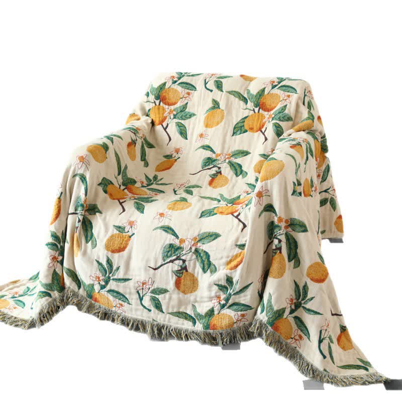 Lemon Print Cotton Gauze Tassel Reversible Quilt - image 5