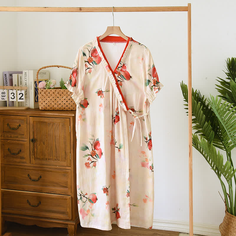 Pomegranate Print Short Sleeve Cross-front Nightdress - XL - image 0