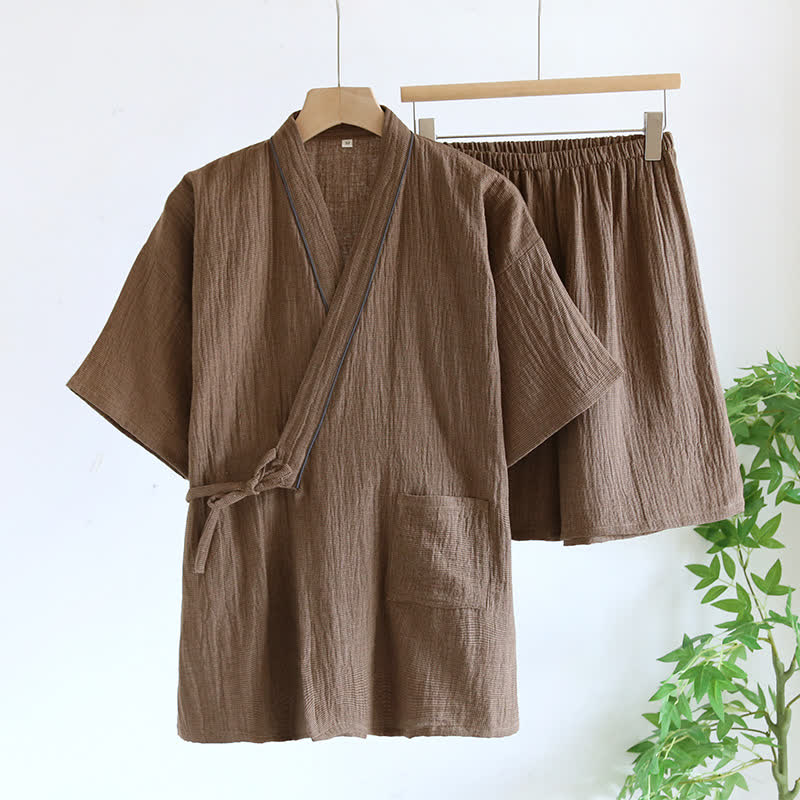 Unisex Cotton Gauze Kimono Pajama Set - Coffee - XL - image 16