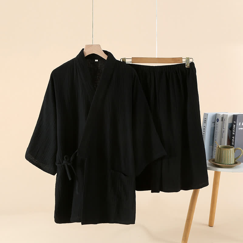 Unisex Solid Color Cotton Gauze Kimono Pajama Set - Black - XL - image 12
