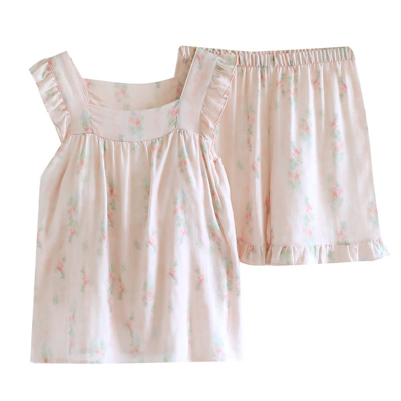 Pink Floral Ruffle Padded Camisole Loungewear Set - image 1