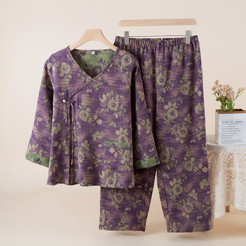 Rose Jacquard Cotton Gauze Sleepwear Set - Dark Purple - XL - image 14