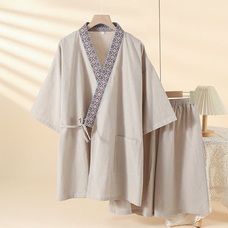 Solid Kimono Pajama with Geometric Collar - Khaki - XL - image 14