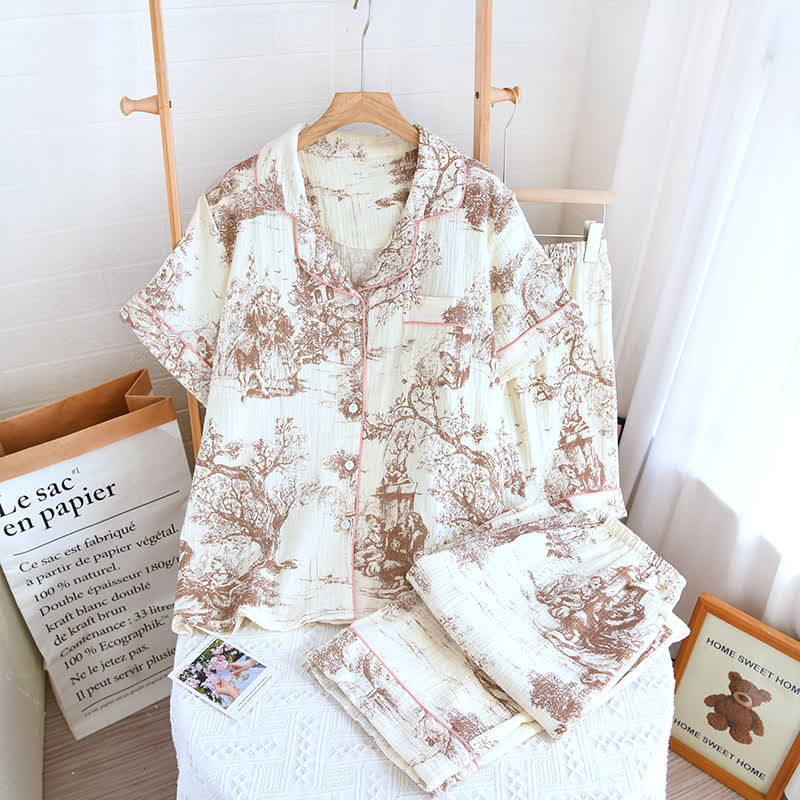 Toile Print Cotton Gauze Nightwear Set - Pink - 3PCS - XL - image 8